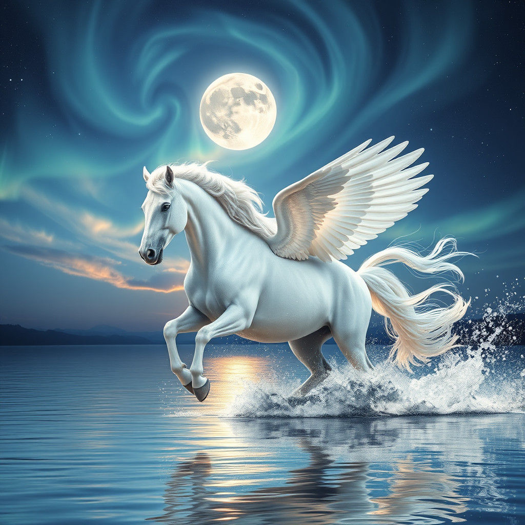 Ethereal Pegasus Galloping Under Aurora Sky