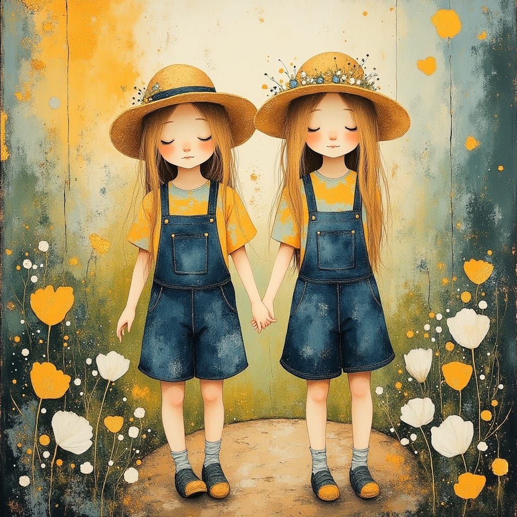 Twin Girls in Flower Garden, Whimsical Illustration