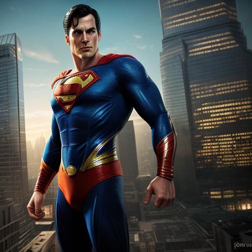 Superman in Cityscape Sunset: Comic Book Style