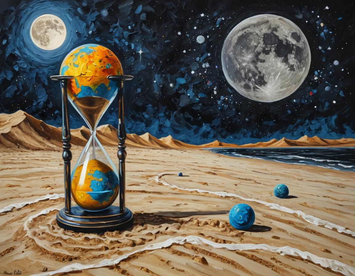 Hourglass Featuring Earth and Moon in Expressionist Oil Pain...