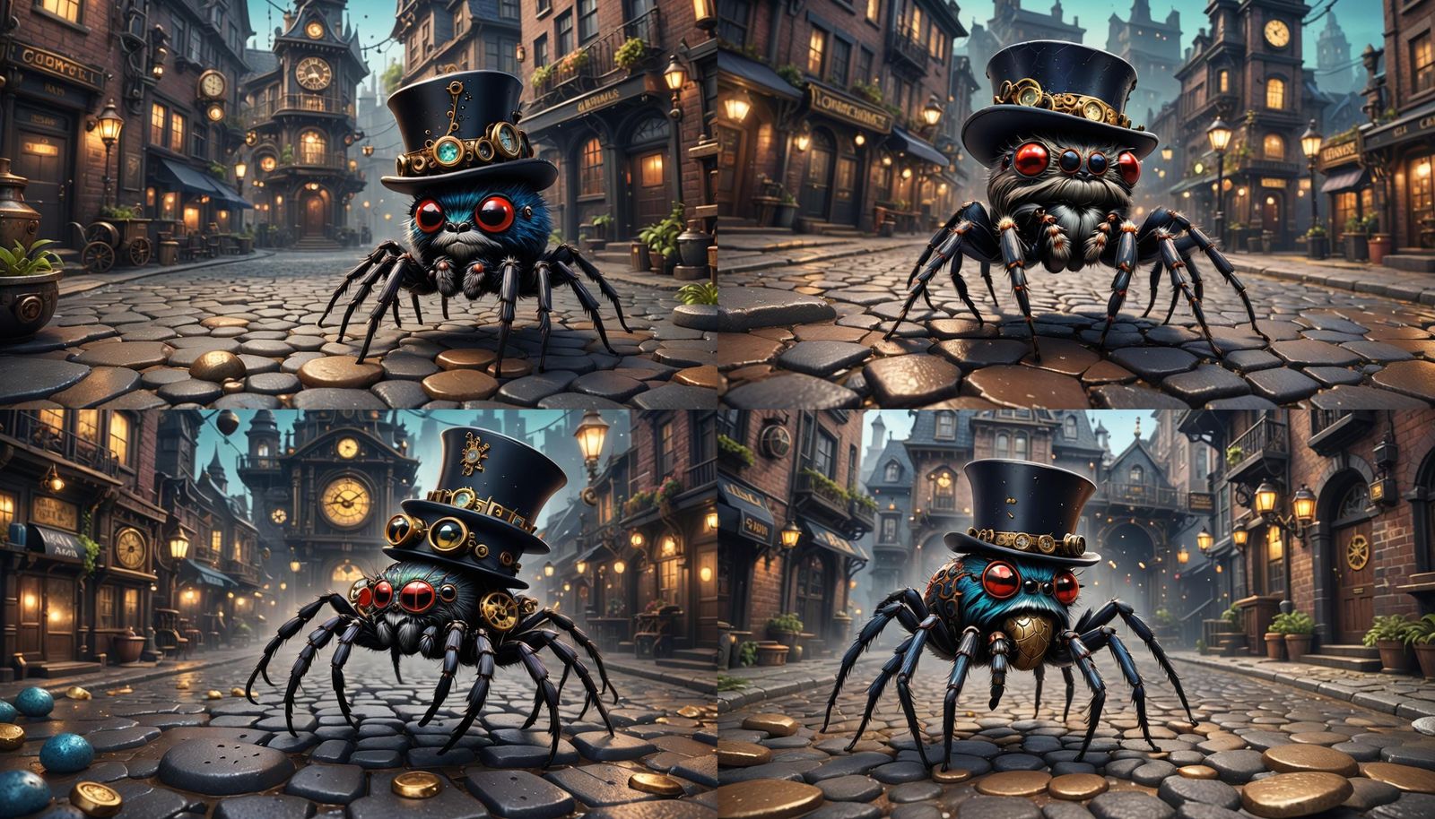 kawaii chibi jumping spider with a detailed clockwork top ha...