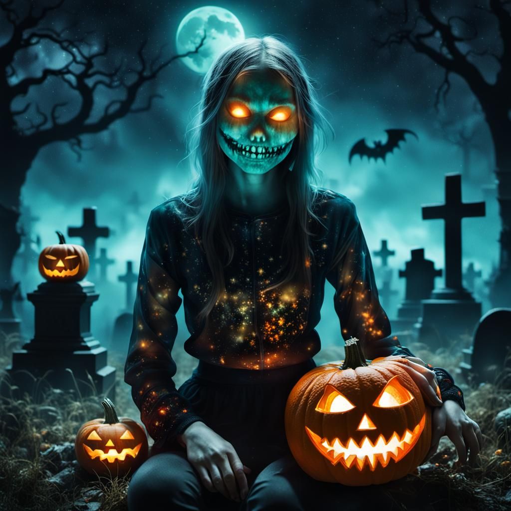 Bioluminescent Glass Woman in Graveyard Double Exposure