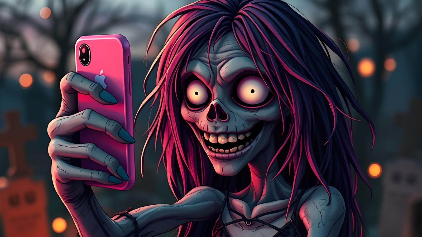 Cute Zombie Selfie in Graveyard: Digital Art