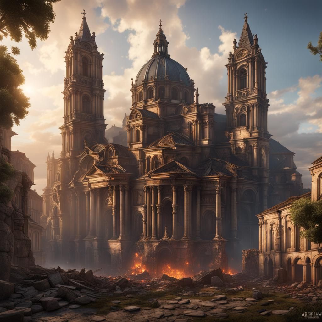 Cathedral Burned: Roman Destruction in Detailed Matte Painti...