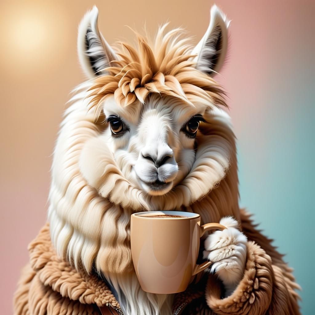 Cute Llama Enjoying Coffee: A Fantasy Close-Up