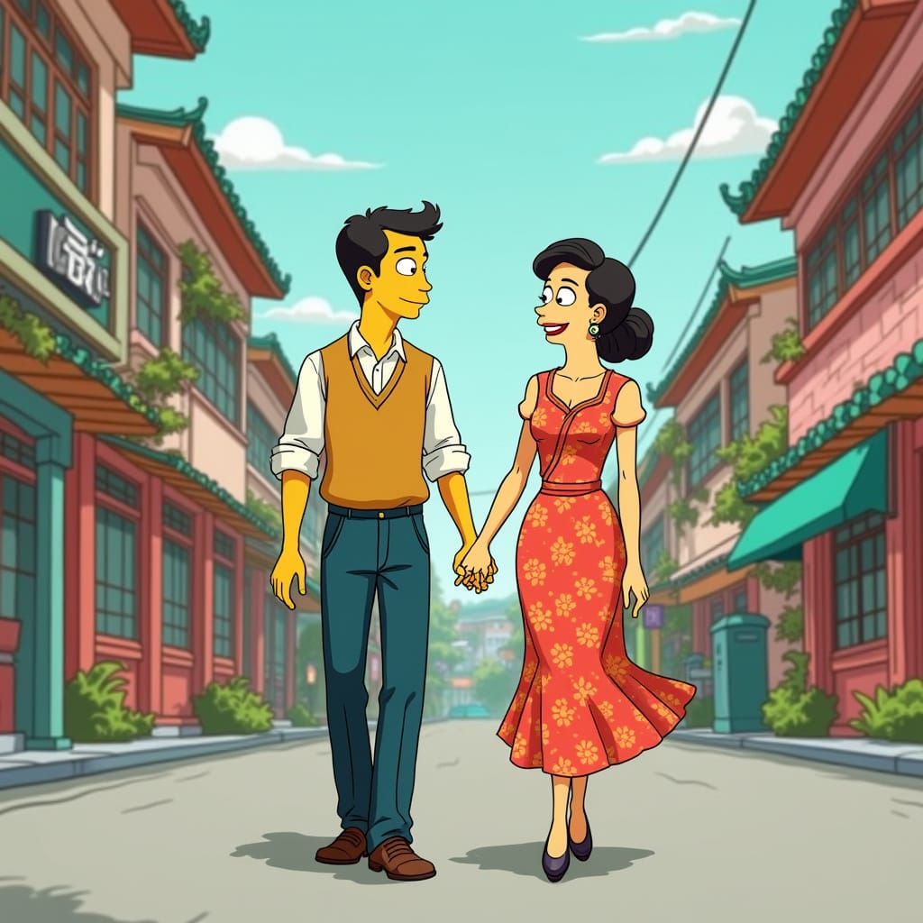 Couple in 1950s Taiwan Streets, Simpson-Style Animation