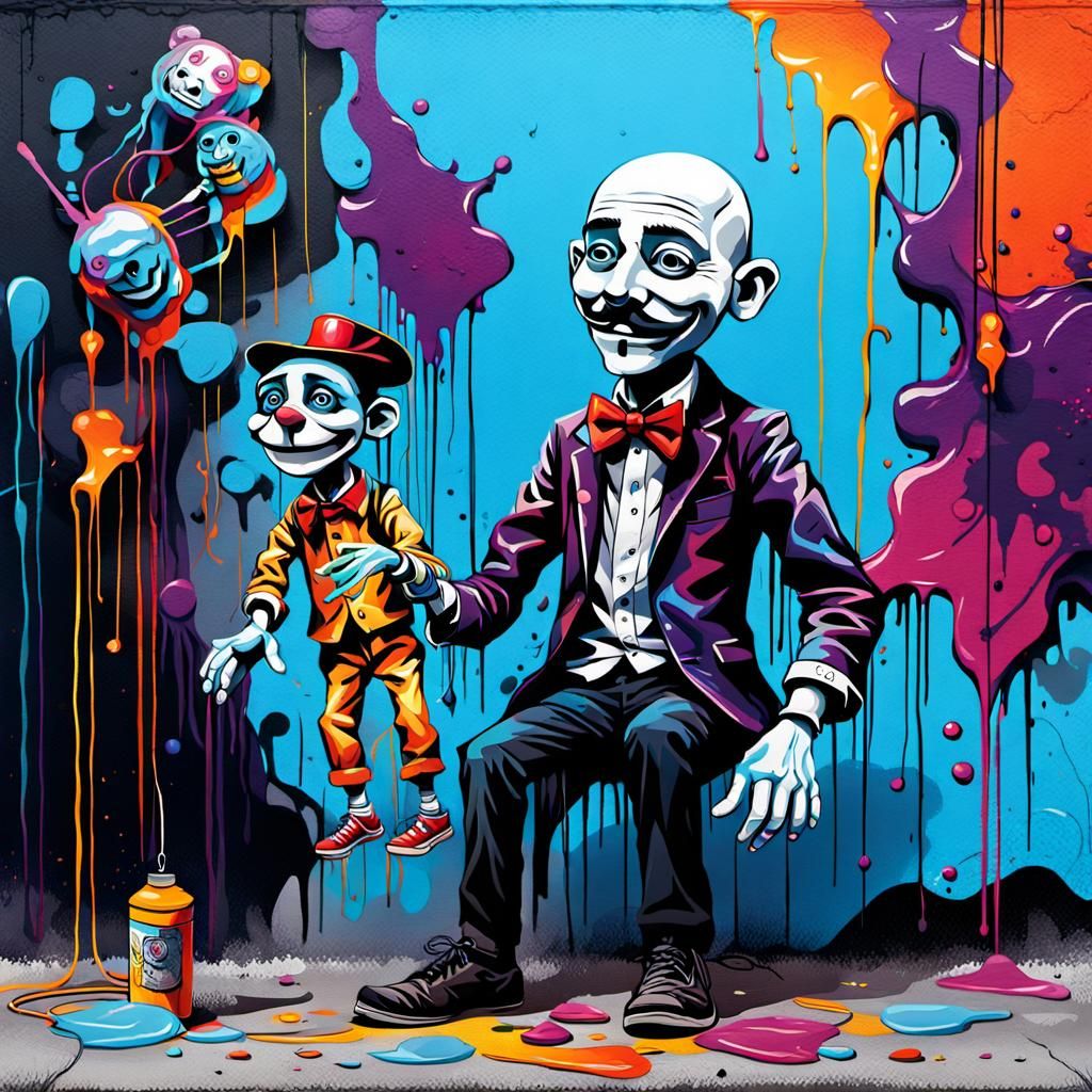 Puppeteer and Puppet Graffiti Art in Street Style