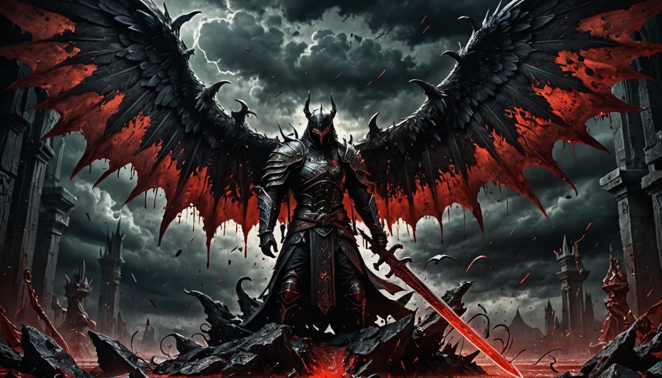 Sword Emerges from Bloody Red Pool in Dark Fantasy Scene