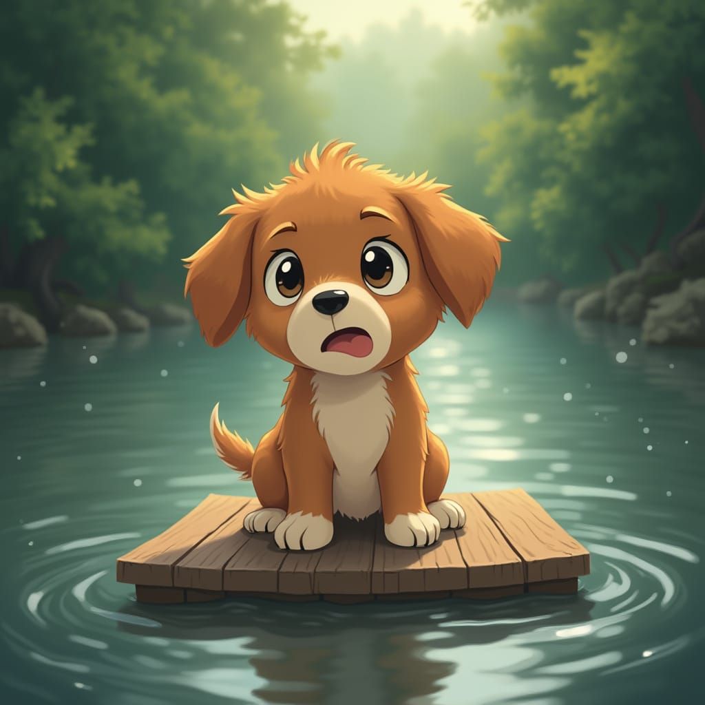 Scared Puppy in Flood Water, Ghibli Cartoon Style
