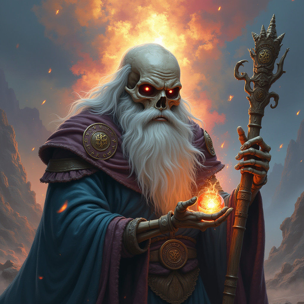 Ancient Wizard Skull with Magical Staff, Detailed Matte Pain...