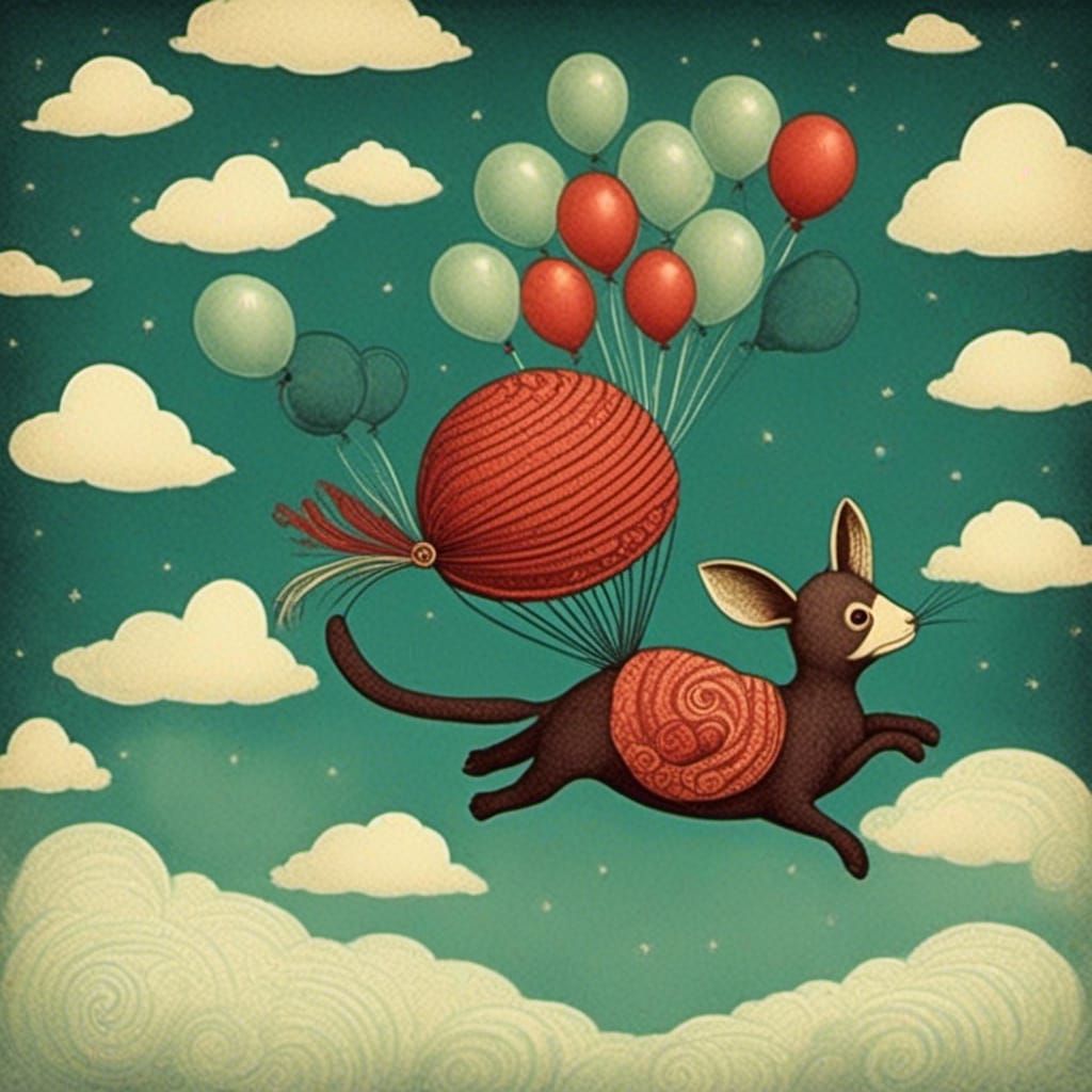Fox Flies with Balloons: Dreamlike Digital Art