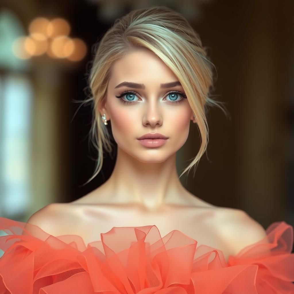 Blonde Model in Coral Gown with Bokeh Background