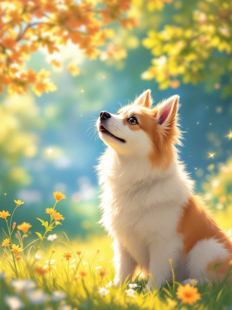 Luminous Anime Dog Portrait in Sunlight