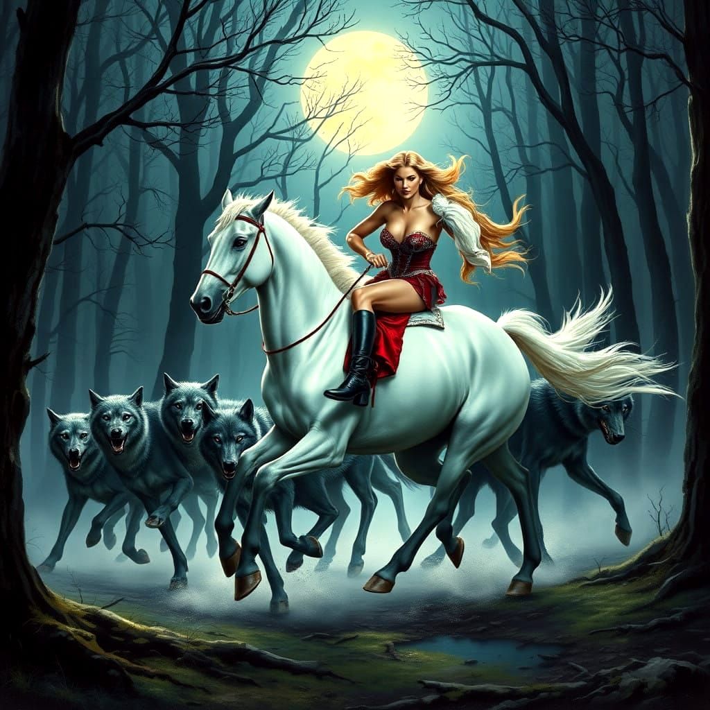 Moonlit Wolves Chase a Blonde Lady on a White Horse
