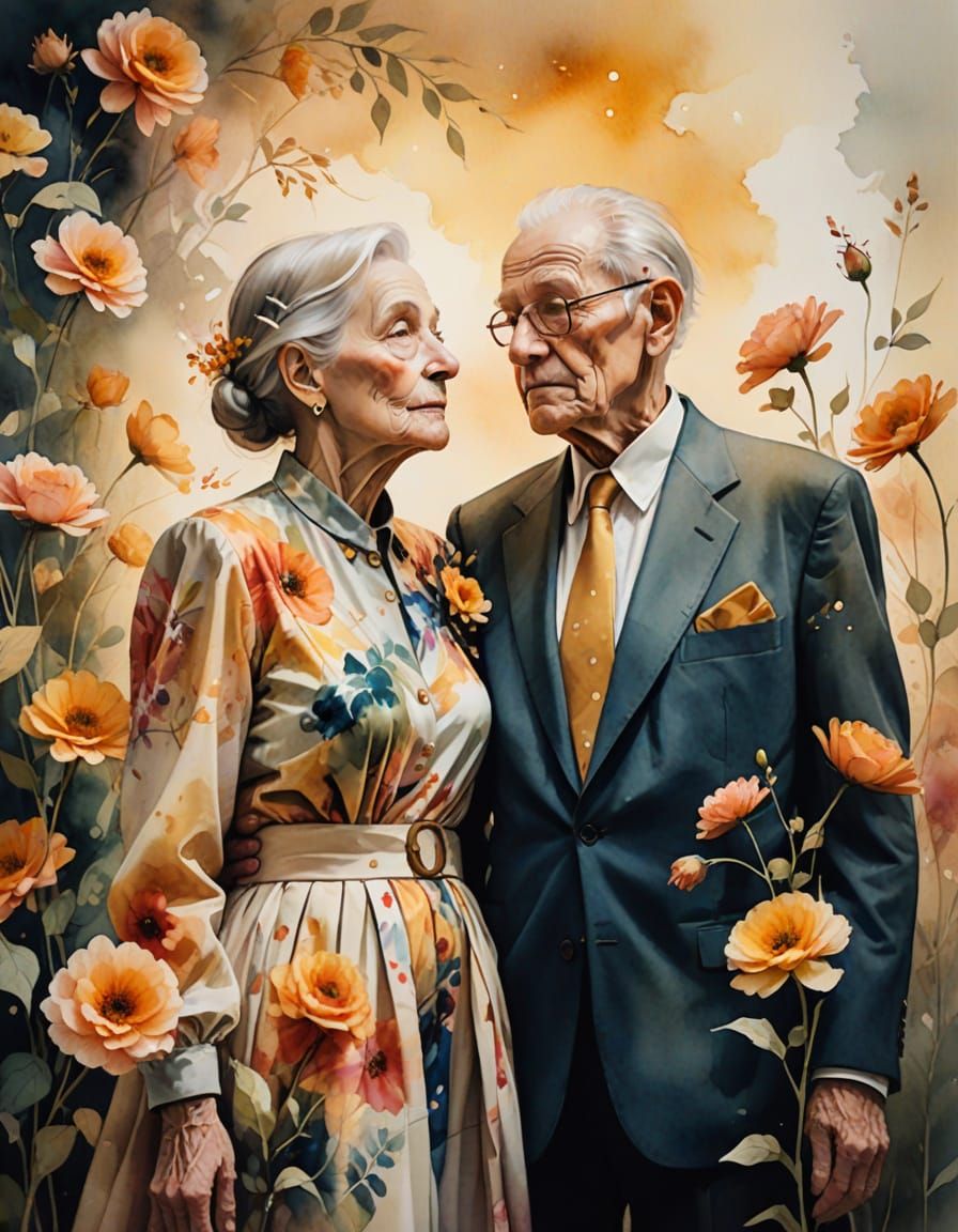 Timeless Elderly Couple in Vibrant Avant-Garde Attire, Dream...