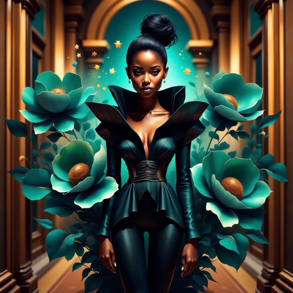 High fashion editorial photo of a fierce Black woman in a sc...