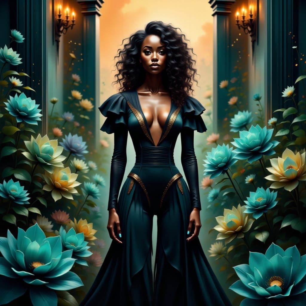 High fashion editorial photo of a fierce Black woman in a sc...