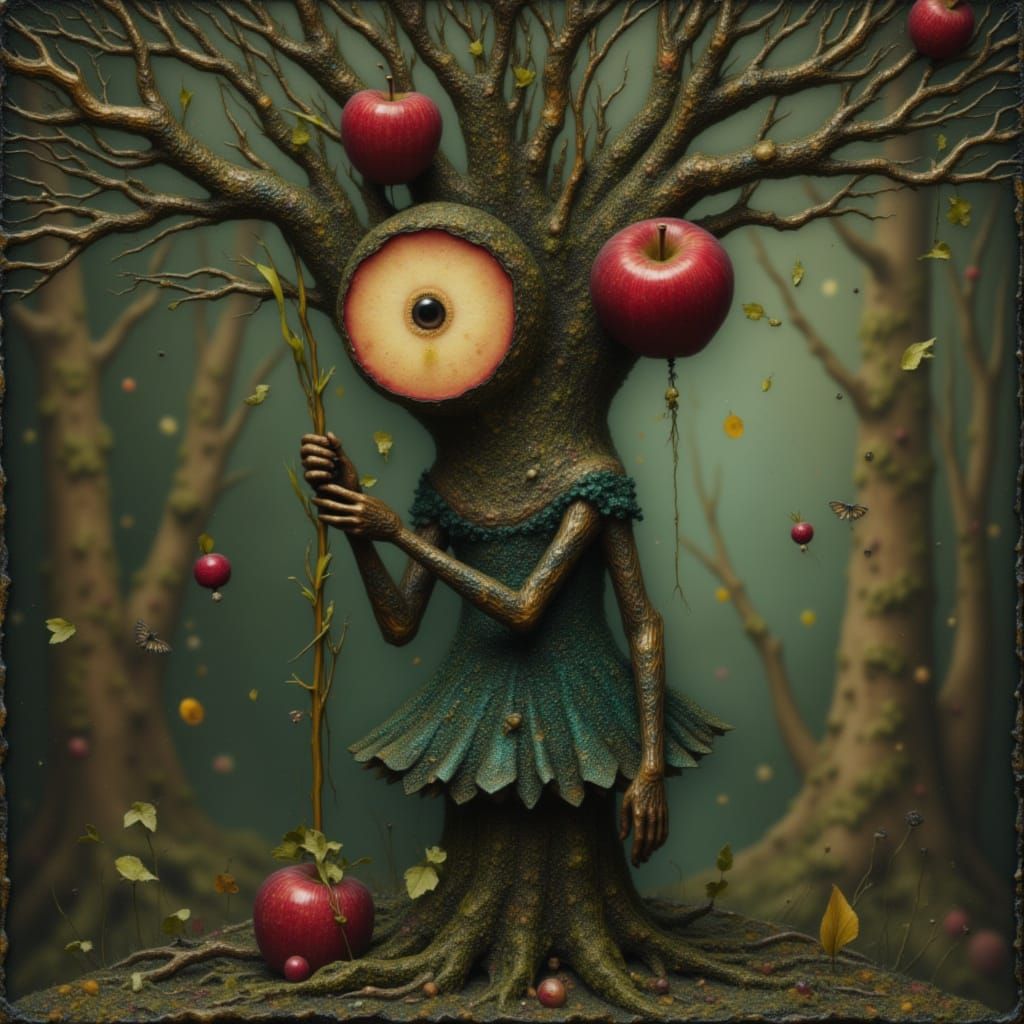 Whimsical Tree Woman with Apple Head in Victorian Style