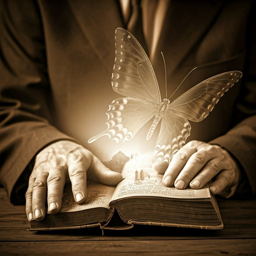 Sepia Butterfly Emerges from Cityscape Double Exposure