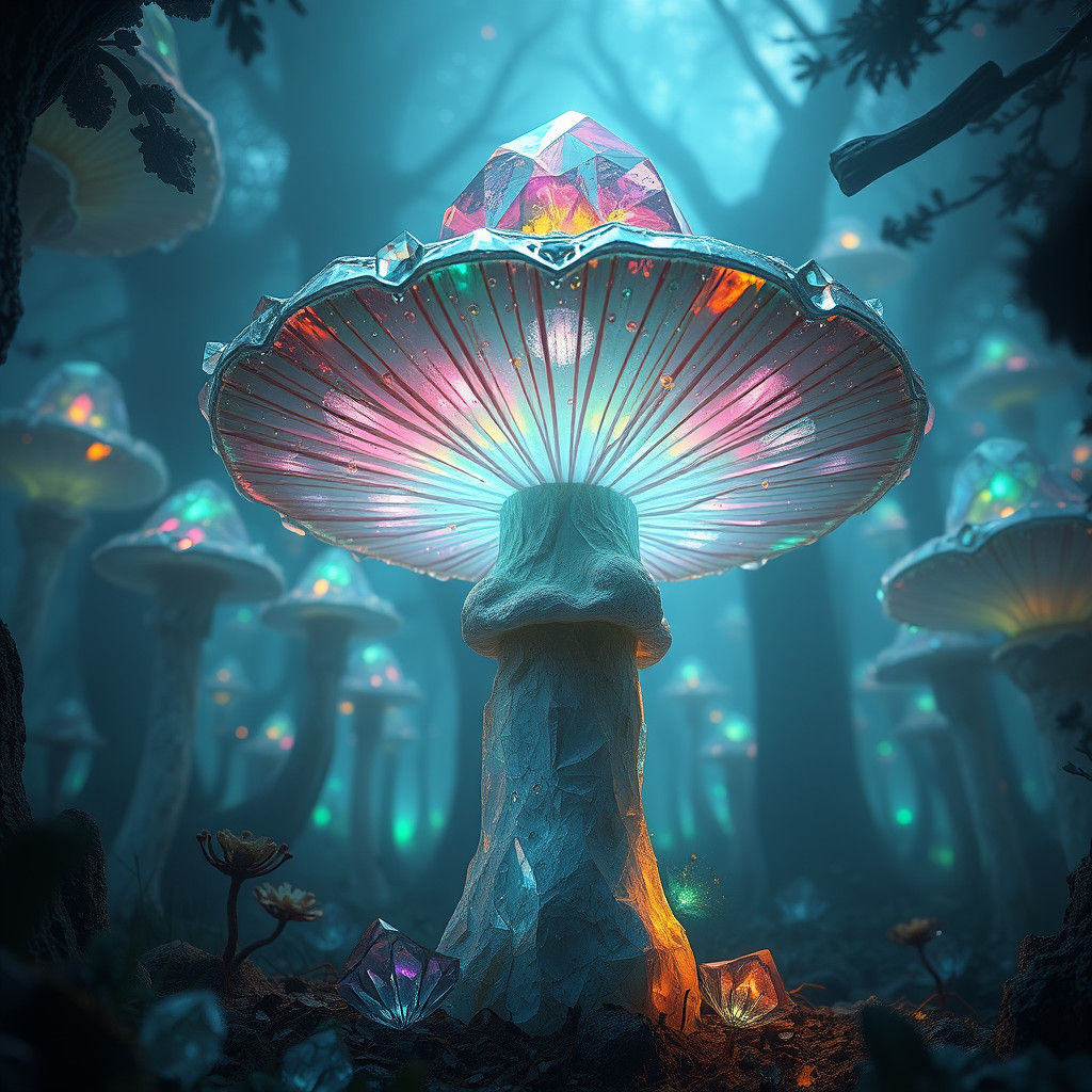Bioluminescent Crystal Mushroom Forest in Hyper-Realistic De...