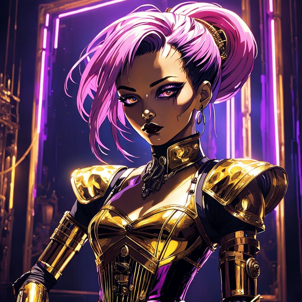 Androgynous Cyber Cabaret Commander in Gilded Armor