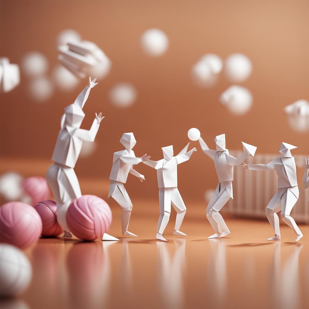 People Playing Volleyball in Origami Papercraft Style