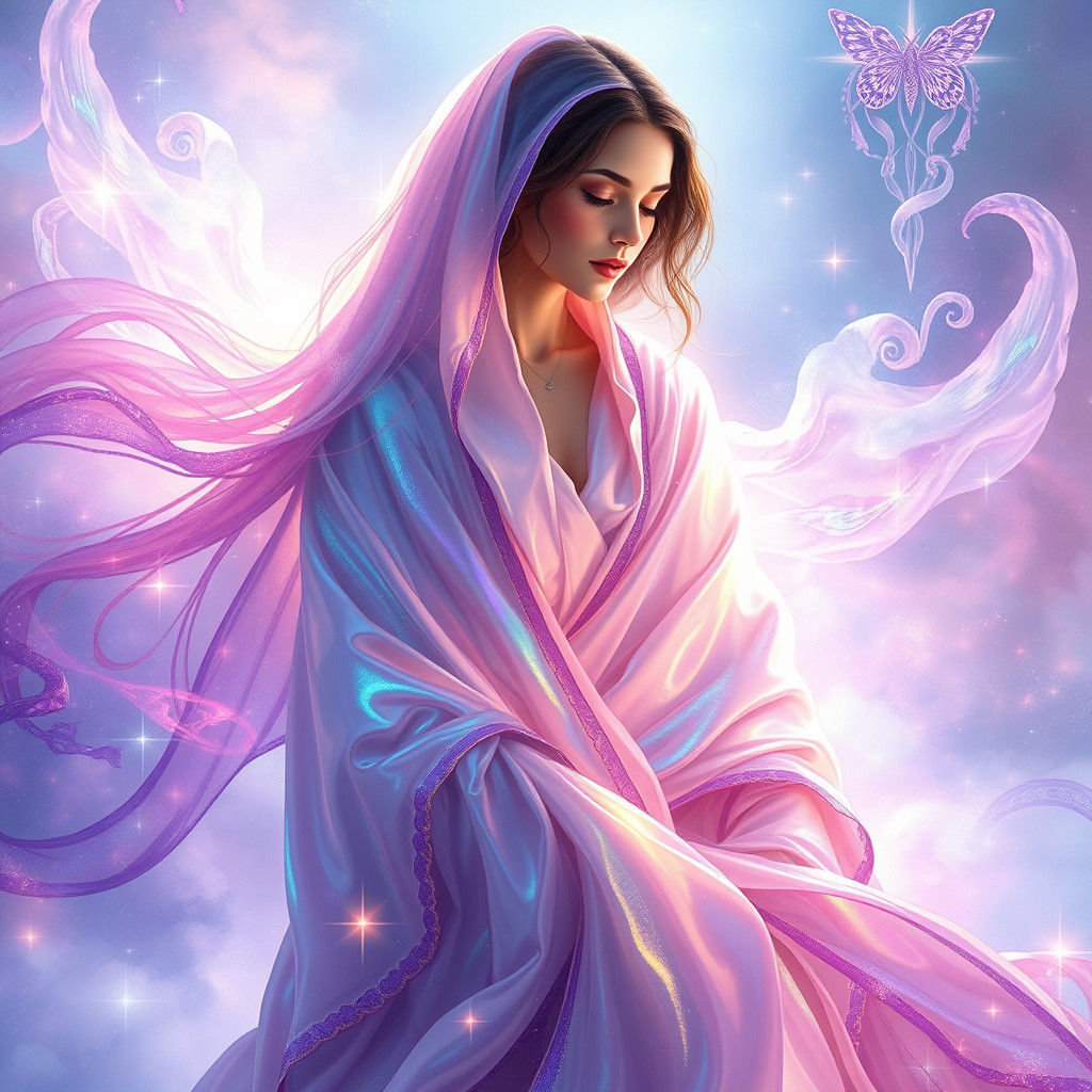 Sapphire Goddess in Ethereal Robes Radiates Divine Beauty