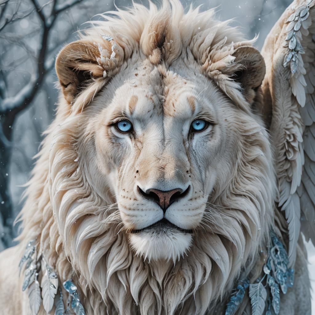 Solid white lion with solid white wings and ice blue eyes