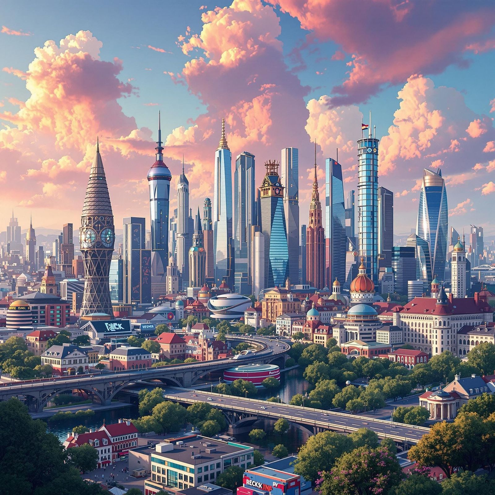 Fantastical Frankfurt Cityscape in Cyberpunk Style