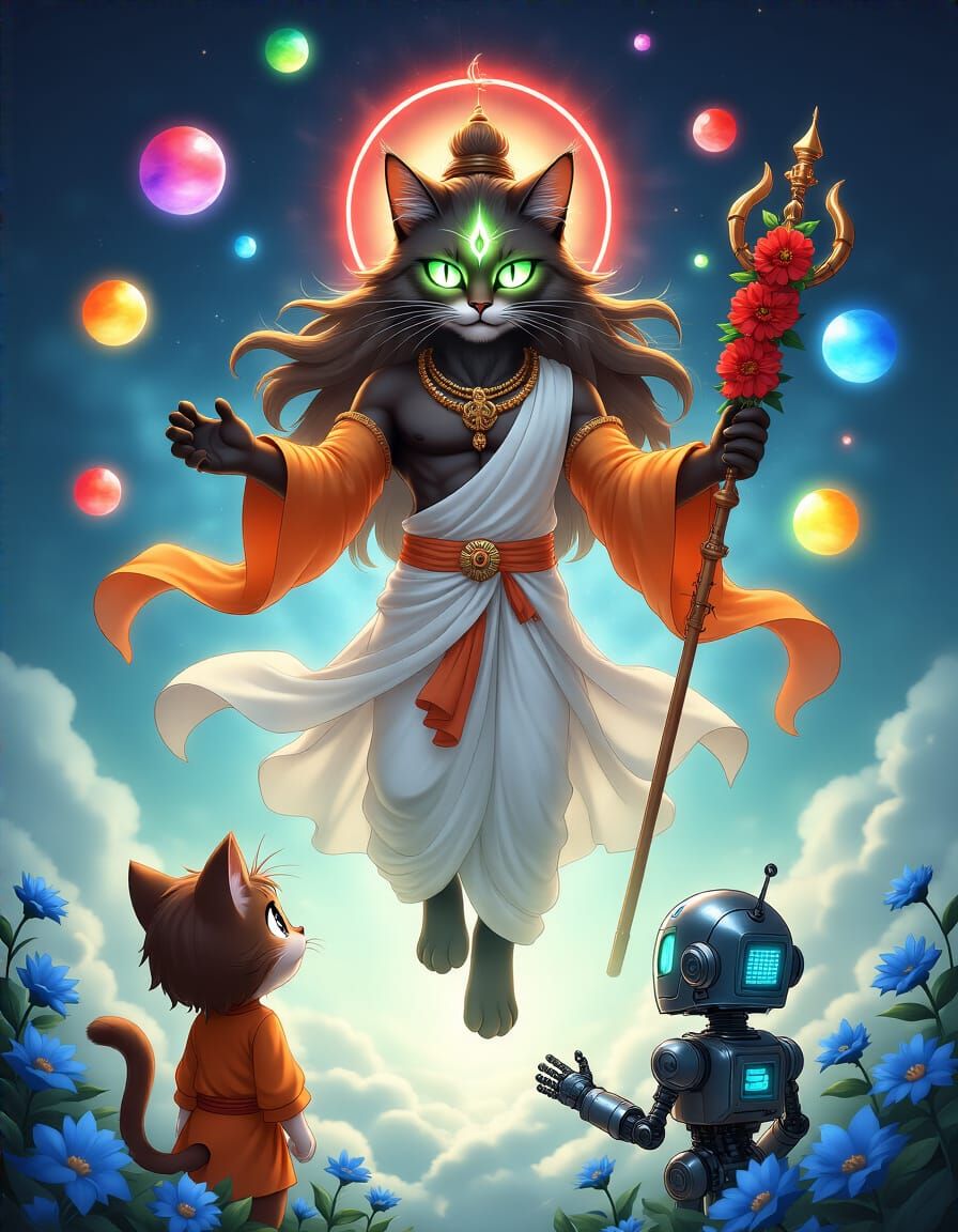 Anthropomorphic Cat Deity in Shimmering Light
