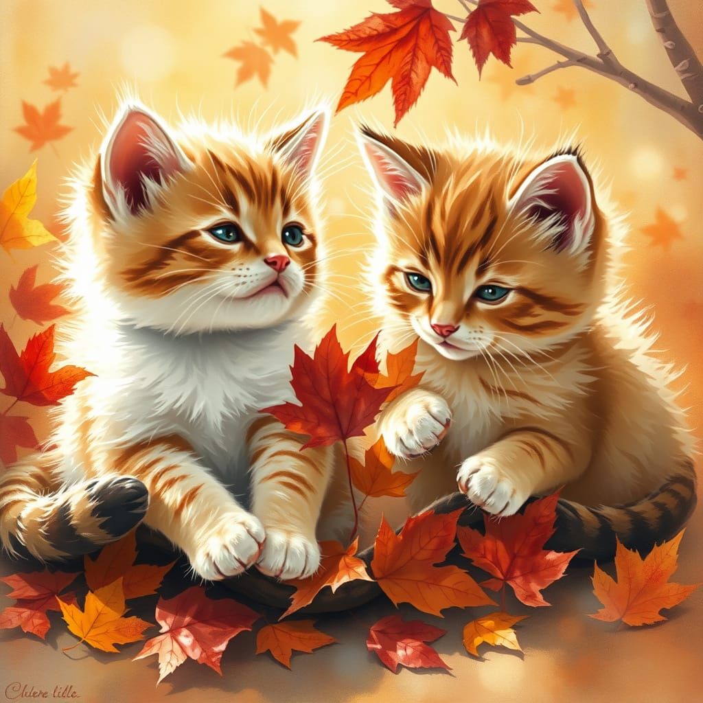Whimsical Cats Play with Autumn Leaves in Soft Impressionist...