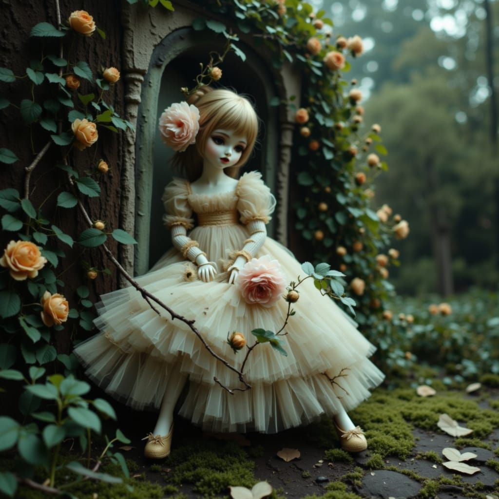 Antique Doll on Altar in Moonlit Garden Oil Painting