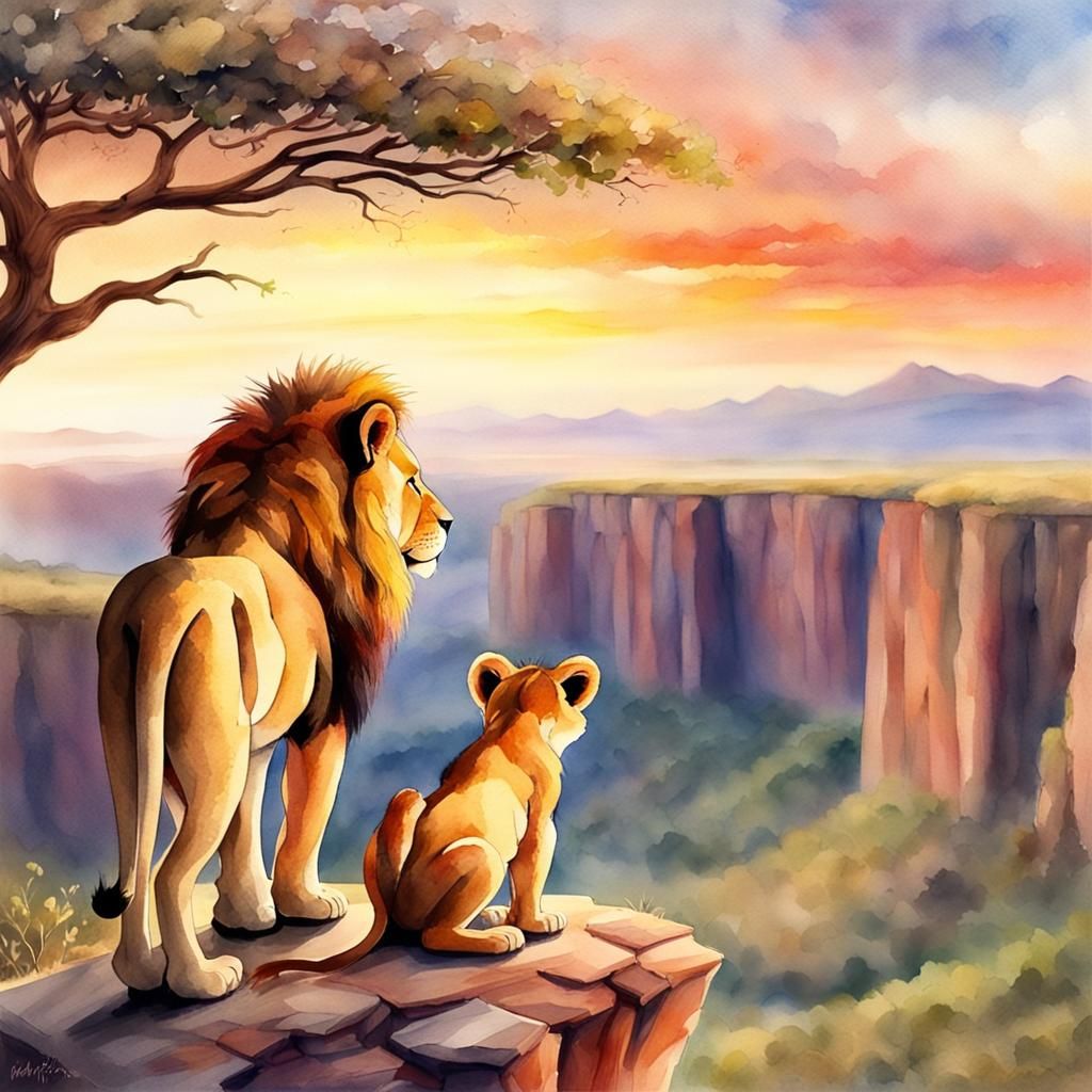 Lion Cub and Father in African Sunset Watercolor