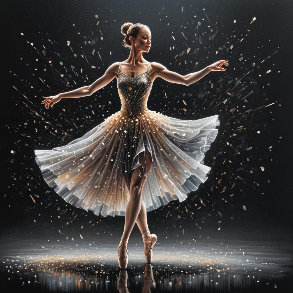 Crystalline Ballerina Dancing on Dark Glossy Surface