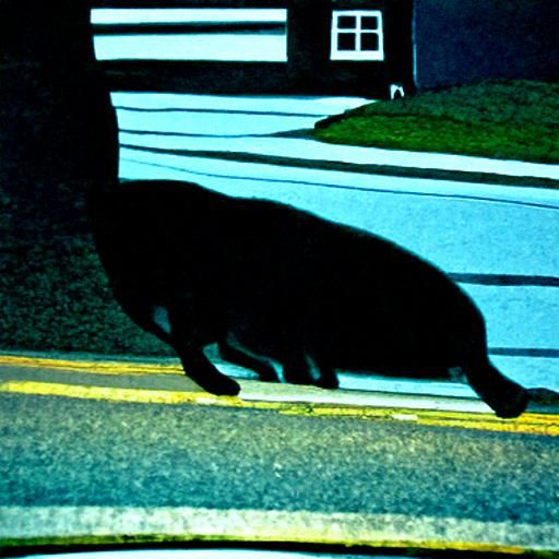 Black Cat Walks Down Night Street