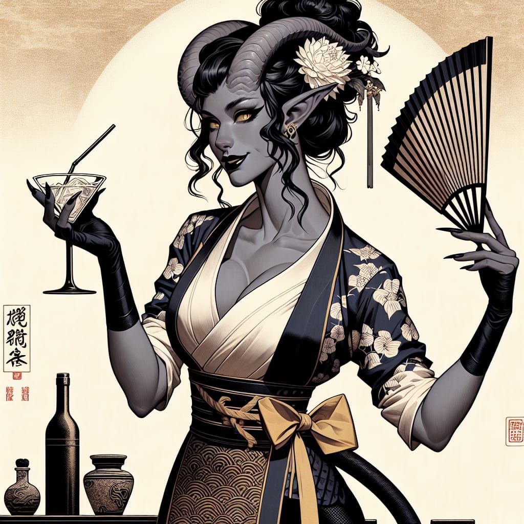 Tiefling Bartender in Japanese Woodblock Style