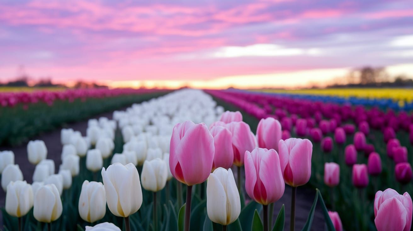 Vibrant Tulip Field at Sunset