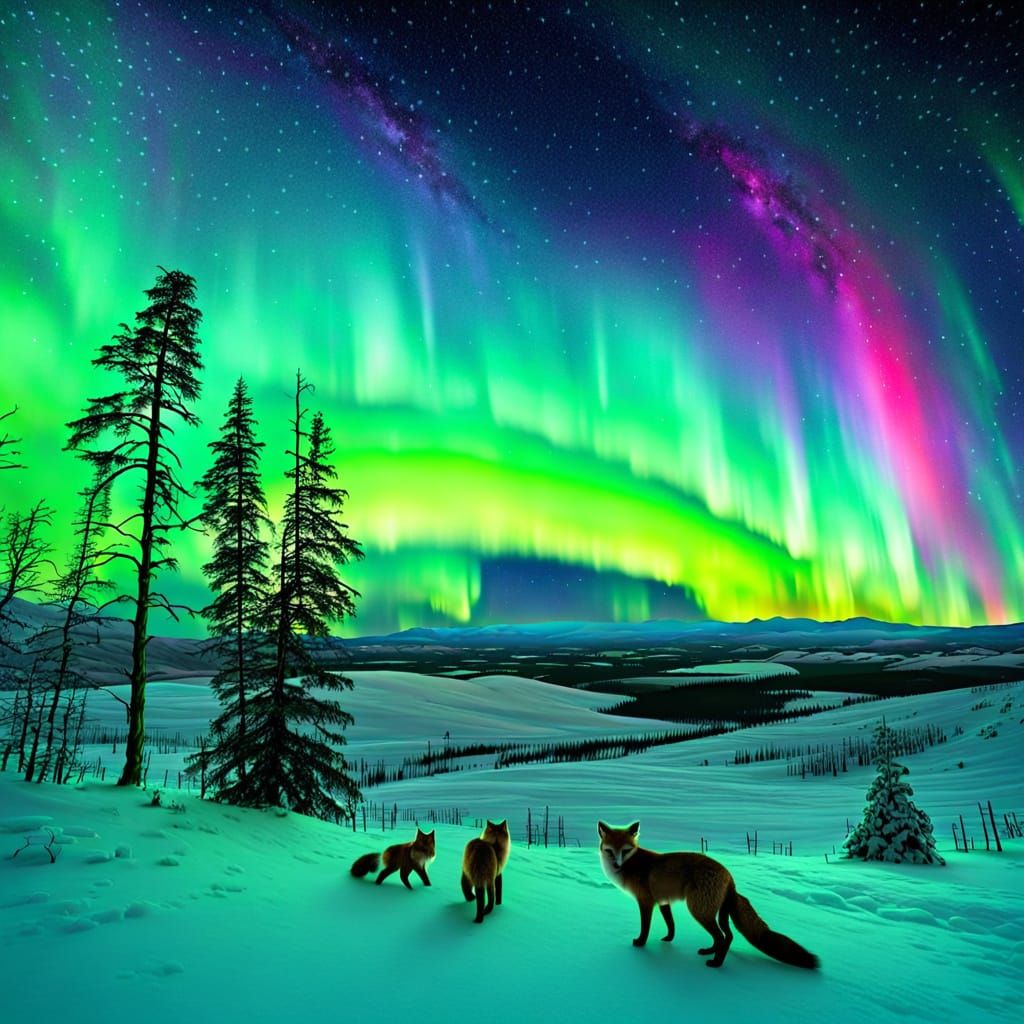 Spectacular Multi-Color Aurora Over Winter Hills