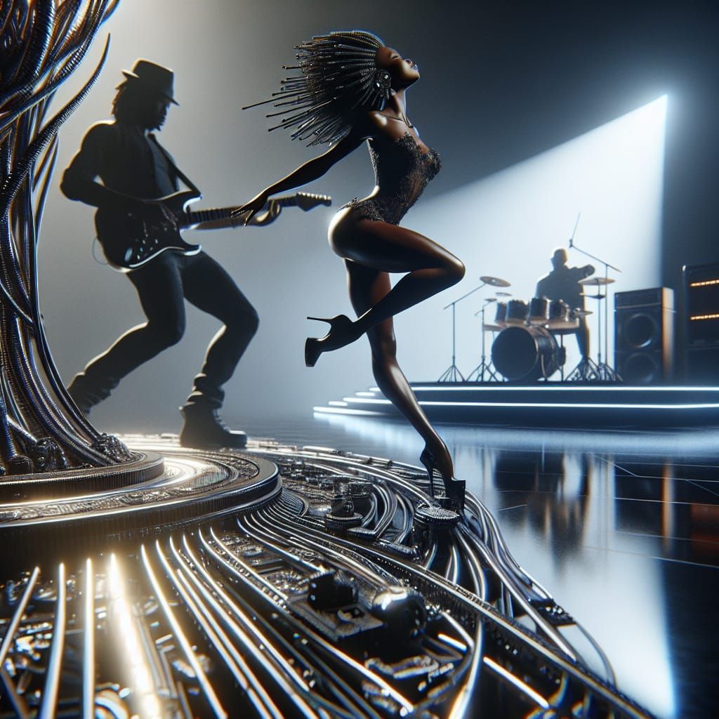 Epic Dance Scene with Carlos Santana in Sci-Fi Setting