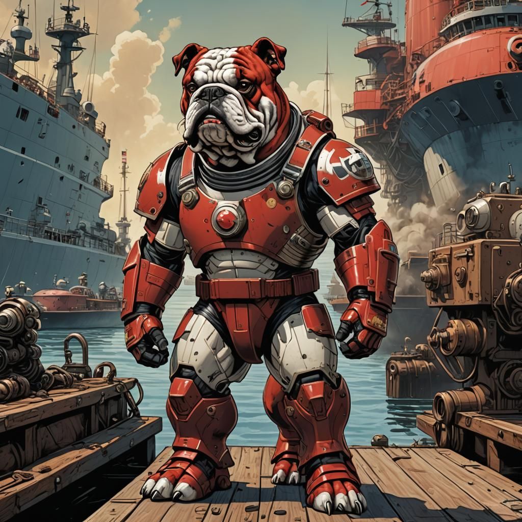 Armored Bulldog Hero on Dock, Comic Book Art