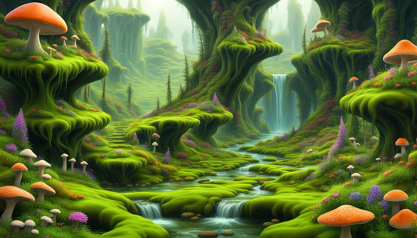 Luminous Fractal Spring Landscape for 3D Game