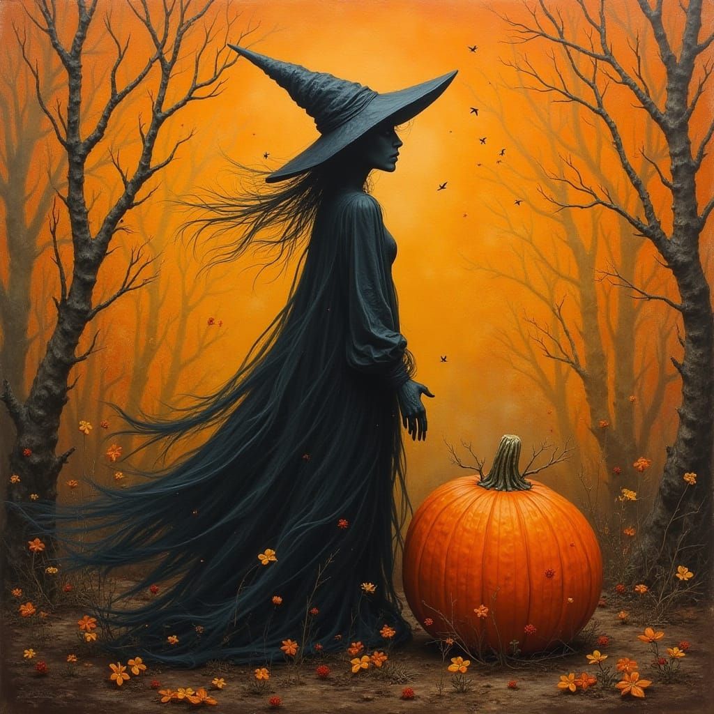 Pumpkin Spice Witch Masterpiece in Gouache and Watercolor