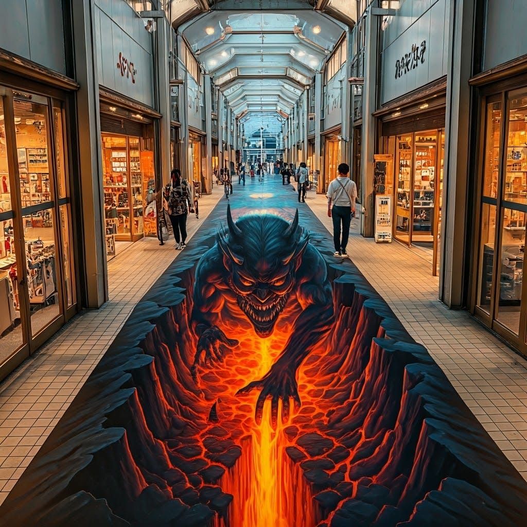 Optical Illusion Devil Street Art in Japan