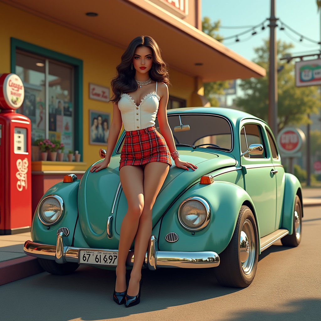 Retro Pin-Up Girl on VW Beetle, Vintage Aesthetic
