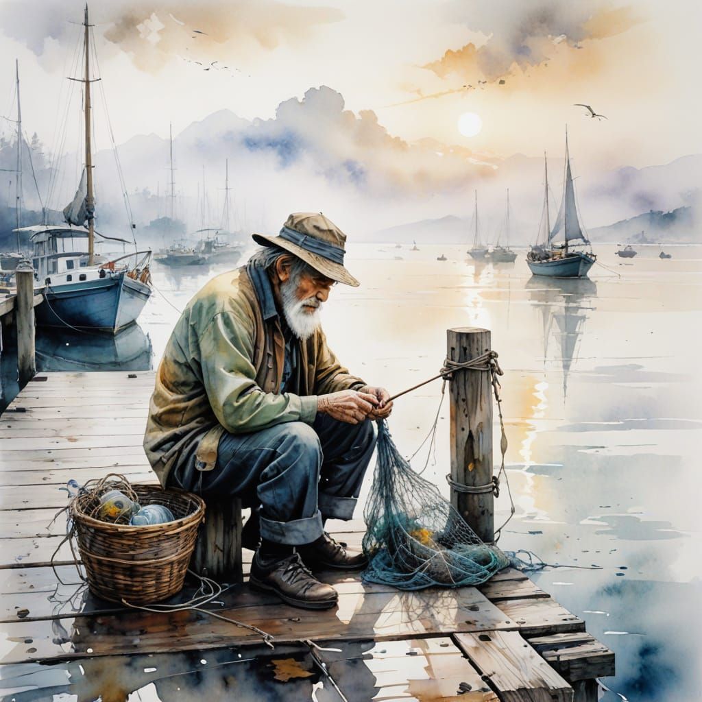 Old Fisherman Mending Nets in Foggy Morning Watercolor