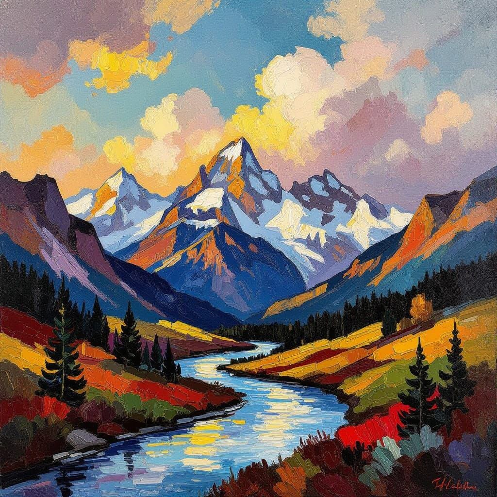 Majestic Mountain River Valley Painting in Bold Fauvist Styl...