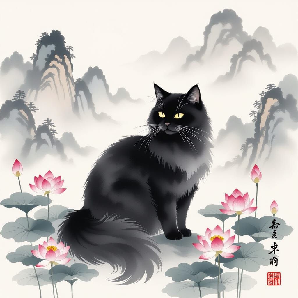 Elegant Black Cat in Traditional Chinese Watercolor Style