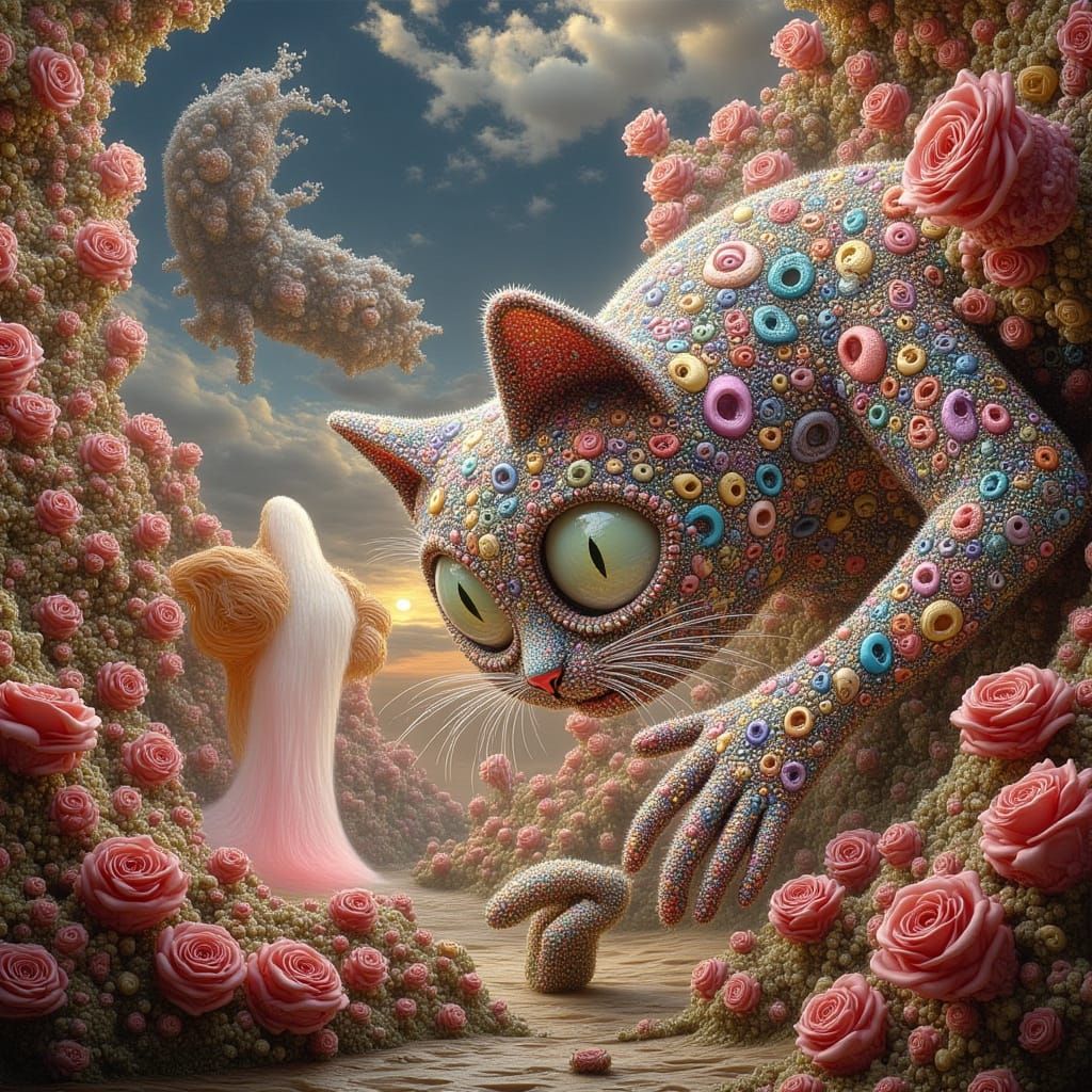 Surreal Cat Among Roses in Dali-Inspired Landscape