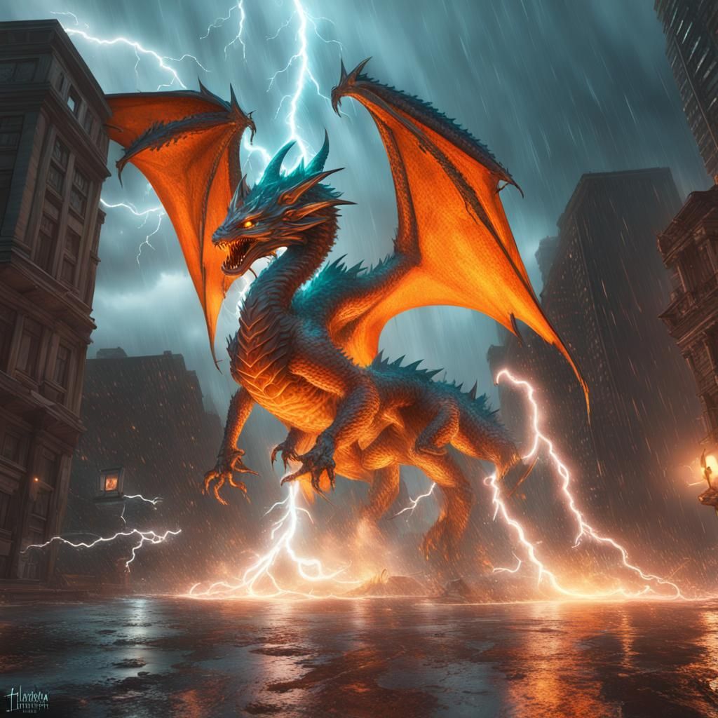 Lightning Elemental Dragon in City Thunderstorm