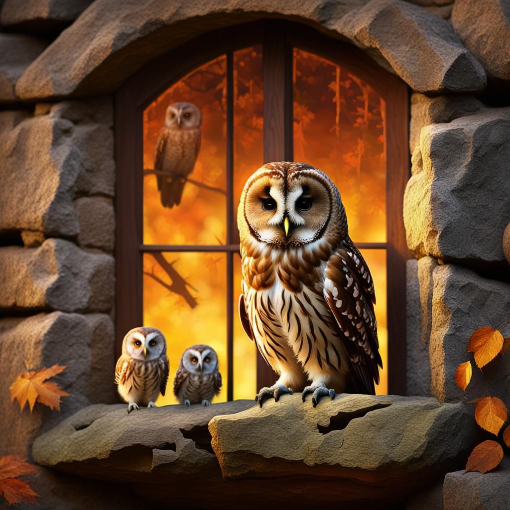 Tawny Owl in Autumn Barn, Painterly Digital Art